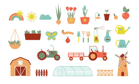 A set of icons for farm and agriculture. Plants and gardening tools. Plant planting and plant care. Flower business. Agricultural machinery and technology. Icons like farmer, cultivation, plant, crop.のイラスト素材