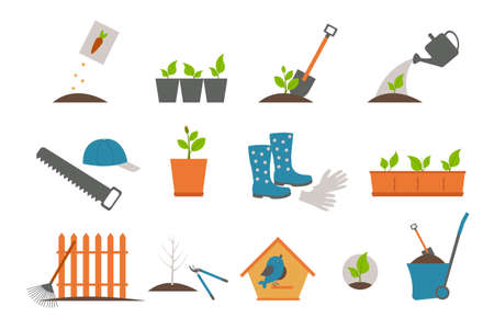 Plants and gardening tools lawn mower spade and rake vector spatula and secateurs flower in pot trees sprouts rubber boots and knife bucket and hose shovel and watering can rubber gloves cart.のイラスト素材