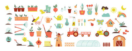 A set of icons for farm and agriculture. Plants and gardening tools. Plant planting and plant care. Flower business. Agricultural machinery and technology. Icons like farmer, cultivation, plant, crop.のイラスト素材