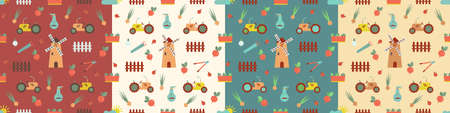 Seamless gardening pattern set with farm tools, flowers, rainbow and plants. Hyacinth and tulip. Vector illustration. Use for textile, print, surface design, fashion kids wear.のイラスト素材