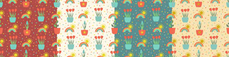 Seamless gardening pattern set with farm tools, flowers, rainbow and plants. Hyacinth and tulip. Vector illustration. Use for textile, print, surface design, fashion kids wear.のイラスト素材