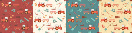 Seamless gardening pattern set with farm tools, flowers, rainbow and plants. Hyacinth and tulip. Vector illustration. Use for textile, print, surface design, fashion kids wear.のイラスト素材