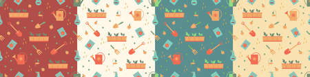Seamless gardening pattern set with farm tools, flowers, rainbow and plants. Hyacinth and tulip. Vector illustration. Use for textile, print, surface design, fashion kids wear.のイラスト素材