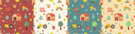 Seamless gardening pattern set with farm tools, flowers, rainbow and plants. Hyacinth and tulip. Vector illustration. Use for textile, print, surface design, fashion kids wear.のイラスト素材
