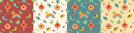 Seamless gardening pattern set with farm tools, flowers, rainbow and plants. Hyacinth and tulip. Vector illustration. Use for textile, print, surface design, fashion kids wear.のイラスト素材