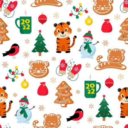 2022 New Year Seamless Pattern. Year of the Tiger. Vector illustration Flat style.のイラスト素材