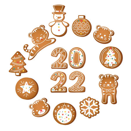 2022 Happy New Year cookies set with gingerbread figures of snowman, gift boxes and sock, tiger, bauble, heart decorated white icing. Vector illustration on white background.のイラスト素材