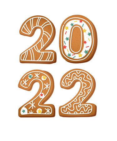 2022 Happy New Year Russian poster gingerbread greeting card. Numbers cookies figures. Banner on white background.のイラスト素材