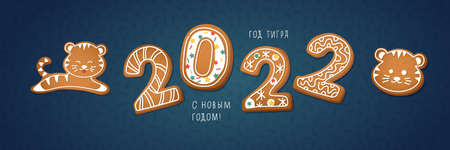 Big Christmas cookies collection with gingerbread and cookies figures of snowman, gift boxes and sock, gingerbread men, stars decorated curlicues of colored glaze isolated on white background.のイラスト素材