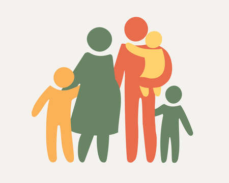 family silhouettes. Happy family icon multicolored in simple figures. ?hildren, dad and mom stand together. Parents and twins children. Vector can be used as logotype.のイラスト素材