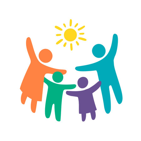 family silhouettes. Happy family icon multicolored in simple figures. ?hildren, dad and mom stand together. Parents and twins children. Vector can be used as logotype.のイラスト素材