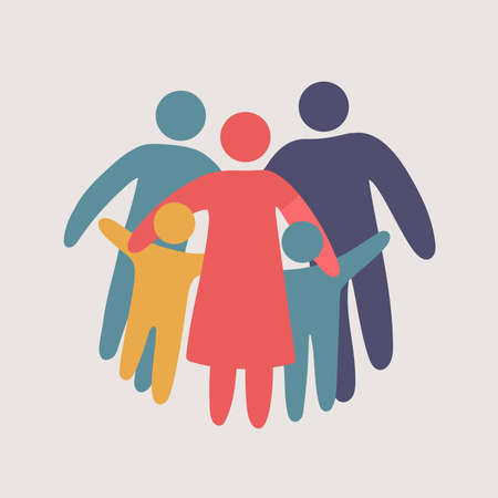 family silhouettes. Happy family icon multicolored in simple figures. ?hildren, dad and mom stand together. Parents and twins children. Vector can be used as logotype.のイラスト素材