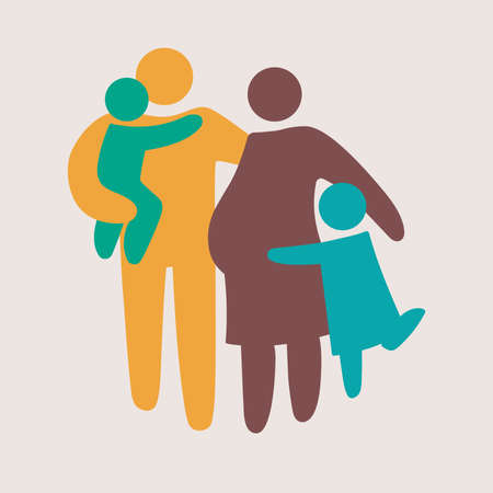family silhouettes. Happy family icon multicolored in simple figures. ?hildren, dad and mom stand together. Parents and twins children. Vector can be used as logotype.のイラスト素材