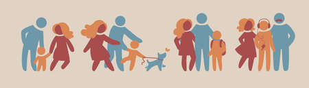 Happy family icon multicolored in simple figures set. Part 2. Dad, mom and little baby stand together. parents and children.のイラスト素材