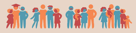 Happy family icon multicolored in simple figures set. Part 3. Dad, mom and ltheir adult baby stand together. Parents become grandparents. family and children.のイラスト素材