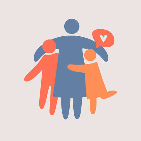family silhouettes. Happy family icon multicolored in simple figures. hildren, dad and mom stand together. Parents and twins children.のイラスト素材