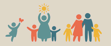 family silhouettes. Happy family icon multicolored in simple figures. Two children, dad and mom stand together. Parents and twins children.のイラスト素材