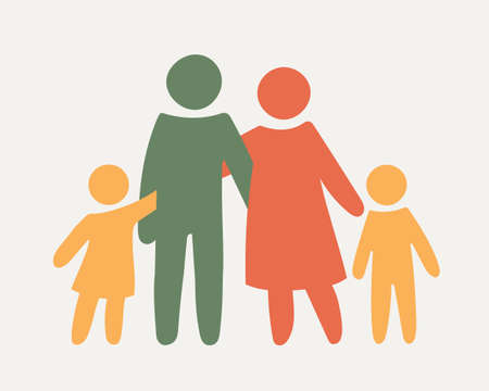 family silhouettes. Happy family icon multicolored in simple figures. Two children, dad and mom stand together. Parents and twins children. Vector can be used as logotype.のイラスト素材