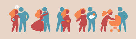 Happy family icon multicolored in simple figures set. Part 1. Couple and pregnancy. Dad, mom and little baby stand together. Parents and stroller.のイラスト素材