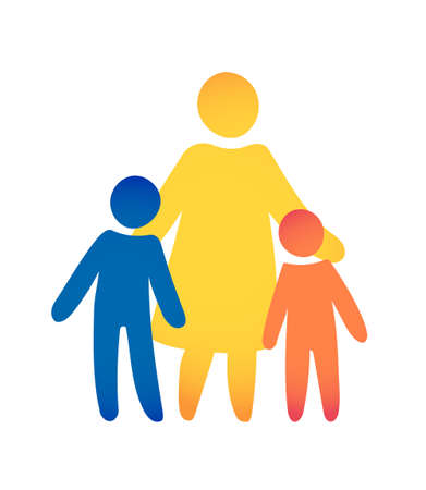 family silhouettes. Happy family icon multicolored in simple figures. ?hildren, dad and mom stand together. Parents and twins children. Vector can be used as logotype.のイラスト素材
