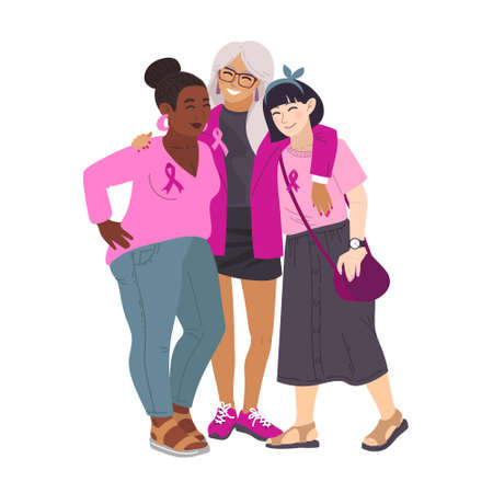 breast cancer awareness. Three women different nationalities. Vector illustration of breast cancer. Breast Cancer Awareness October. Silk ribbons and friendship.のイラスト素材