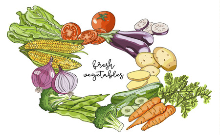 Composition of fresh vegetables vector illustration sketch elements: onions, corn cob, lettuce, tomato, potato, carrot, beans, broccoli.のイラスト素材