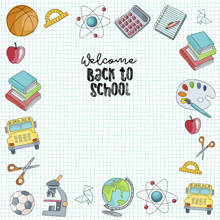 Welcome back to school hand drawn vector illustration. Colorful sketch of school suppliesのイラスト素材