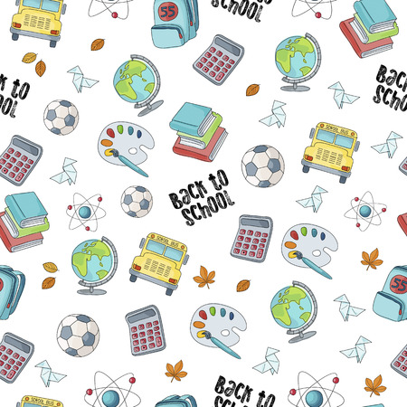 back to school seamless pattern featuring school supplies and objects on white backgroundのイラスト素材