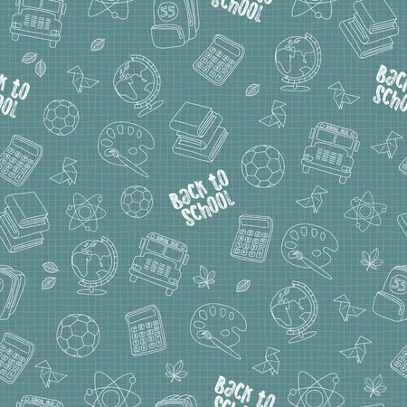 Back to school seamless pattern featuring school life objects and supplies. White line on blue backgroundのイラスト素材