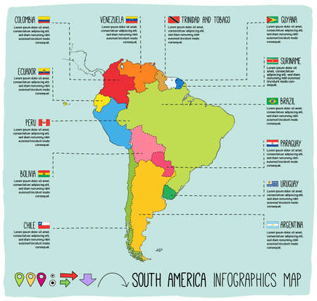 South america hand drawn vector infographic. Maps and flags. Elements on different layers. のイラスト素材