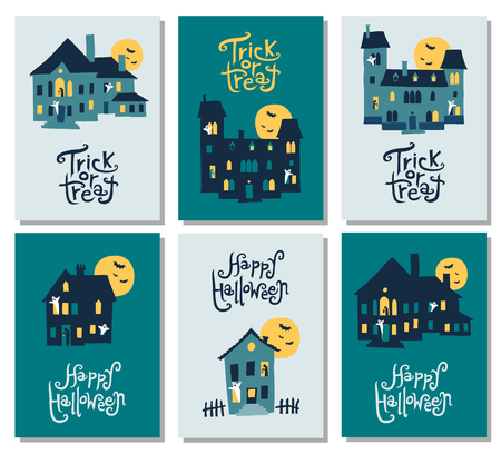 Set of 6 Halloween cards: party invitation, greeting, cards, flyer, poster templates. Hand drawn haunted houses. Vector illustrationのイラスト素材