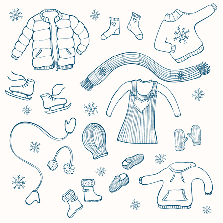 Winter clothing set of vector illustrations. Collection of warm clothes: jumper, coat, scarf, gloves and hats in hand drawn styleのイラスト素材
