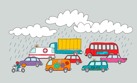 Traffic jam in a rainy day style colorful design vector illustrationのイラスト素材