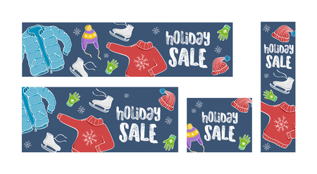 Holiday winter sale set of 4 web banners. Vector illustrations of winter clothes on a navy blue background.のイラスト素材