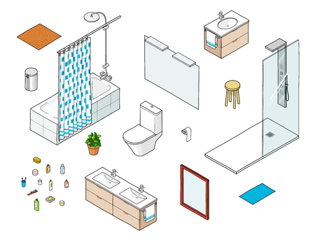 Set of isometric bathroom elements including shower, bathtube, mirror, washbasinのイラスト素材