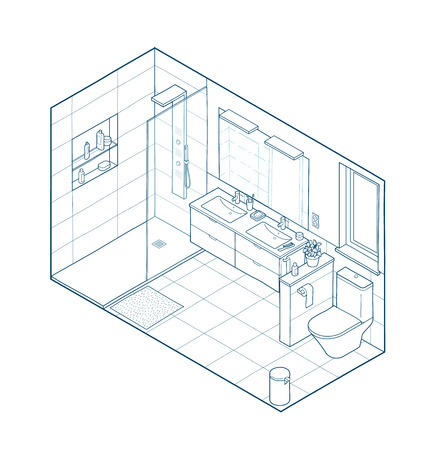 Isometric illustration of bathroom. Hand drawn interior view. Each element on a different layer so you can move them around.のイラスト素材