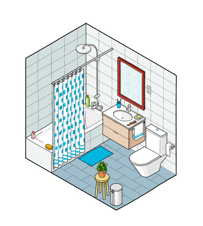 Isometric illustration of bathroom. Hand drawn interior view. Each element on a different layer so you can move them around.のイラスト素材