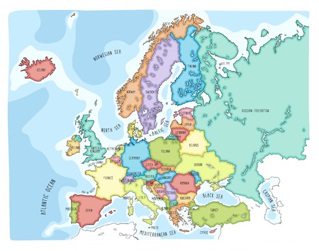 Colorful hand drawn vector map of Europe with countries names. Doodle styleのイラスト素材