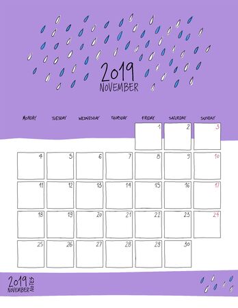 November 2019 wall calendar. Colorful sketch vertical template.Letter sizeのイラスト素材