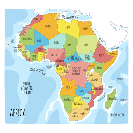 Vector political map of Africa. Colorful hand drawn illustration of the African continent with labels in Englishのイラスト素材