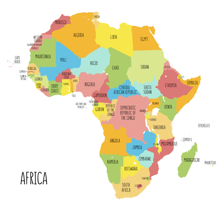 Vector political map of Africa. Colorful hand drawn illustration of the African continent with labels in Englishのイラスト素材