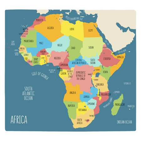 Vector political map of Africa. Colorful hand drawn illustration of the African continent with labels in Englishのイラスト素材