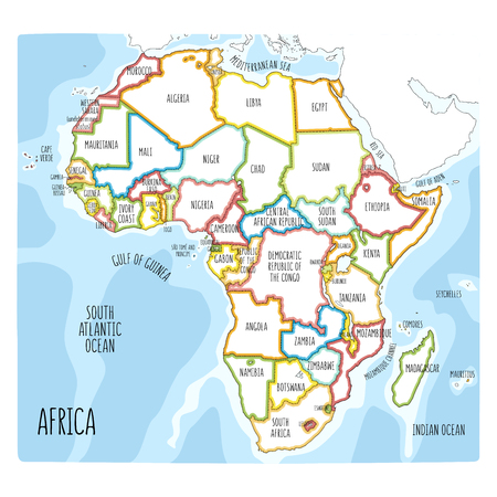 Vector political map of Africa. Colorful hand drawn illustration of the African continent with labels in Englishのイラスト素材