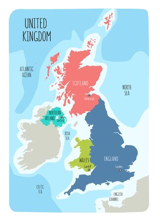 Hand drawn map of the United Kingdom including England, Wales, Scotland and Northern Ireland and their capital cities. Colorful hand drawn vector illustration.のイラスト素材