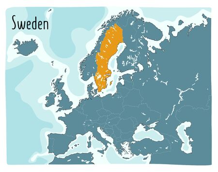 Colorful vector map of Sweden highlighted in Europe. Hand drawn illustrationのイラスト素材