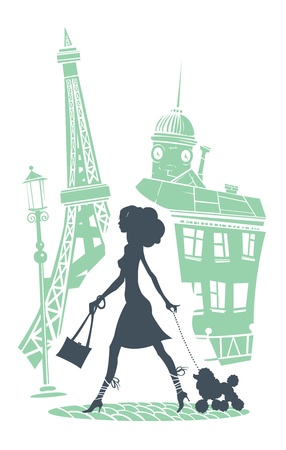 Girl with dog walking in the city  Vector illustration    のイラスト素材