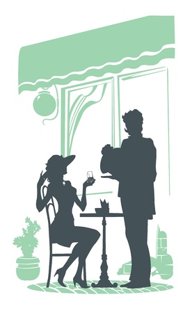 girl sits in a cafe waiter came up to her and brought the dishのイラスト素材