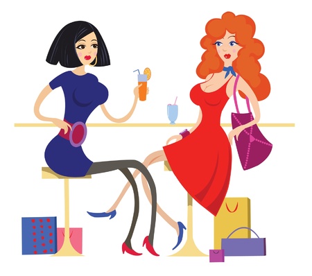 Two girls drinking cocktails and talking in the cafe のイラスト素材