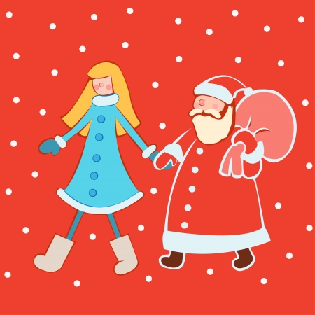 Santa Claus with a bag of gifts in a red coat and snow maiden with red hair in a blue coat  on a red backgroundのイラスト素材