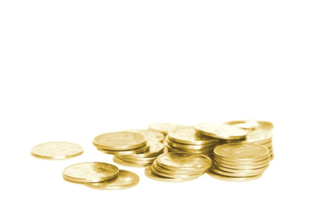 A handful of gold coins on a white background